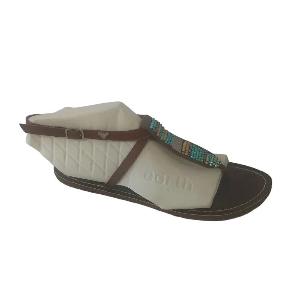 Roxy Sandals T-Strap Women's Size 7/7.5 Brown Multicolor Beading Leather